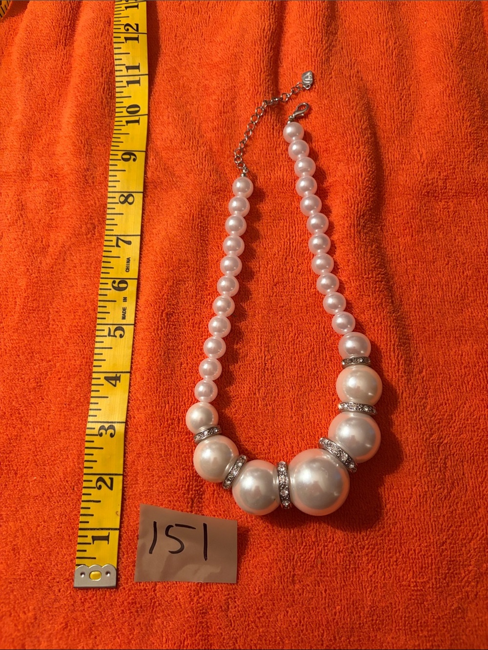 Source Unknown White Pearl Necklace with Rhinestone Spacers